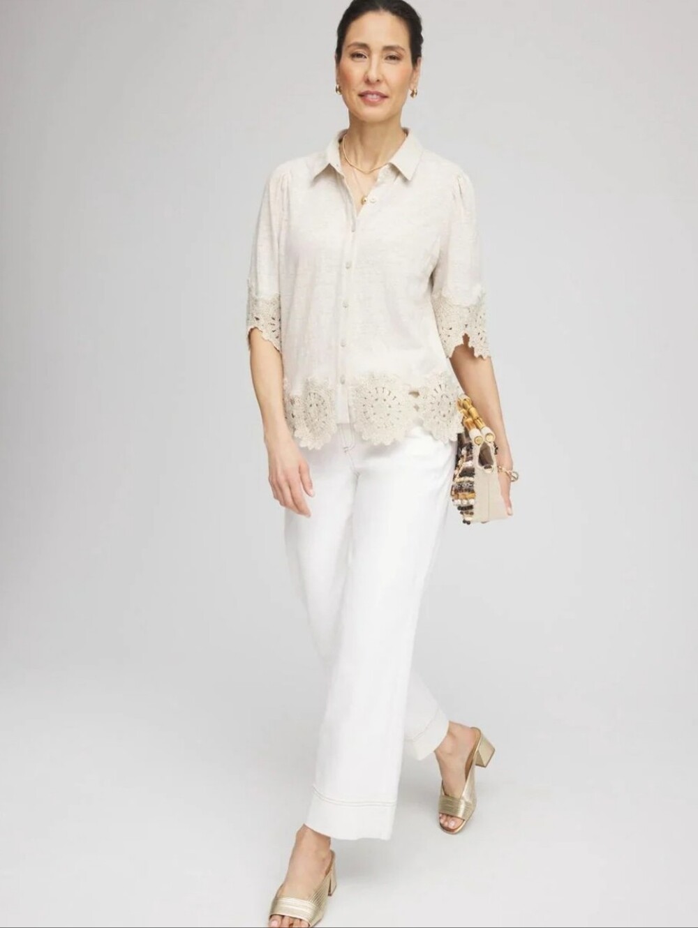 CHICO'S Crochet Trim Linen Shirt - L/XL (PTP  25")